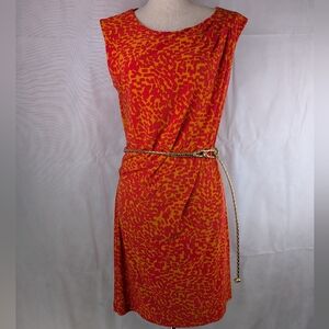 Guess Geometric Print Dress Gold Belt Stretch Sheath Orange Pink Size 12